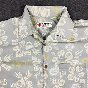 Vintage MCD More Core Division Men’s L Hawaiian Shirt Dragon Hibiscus Gray Y2K